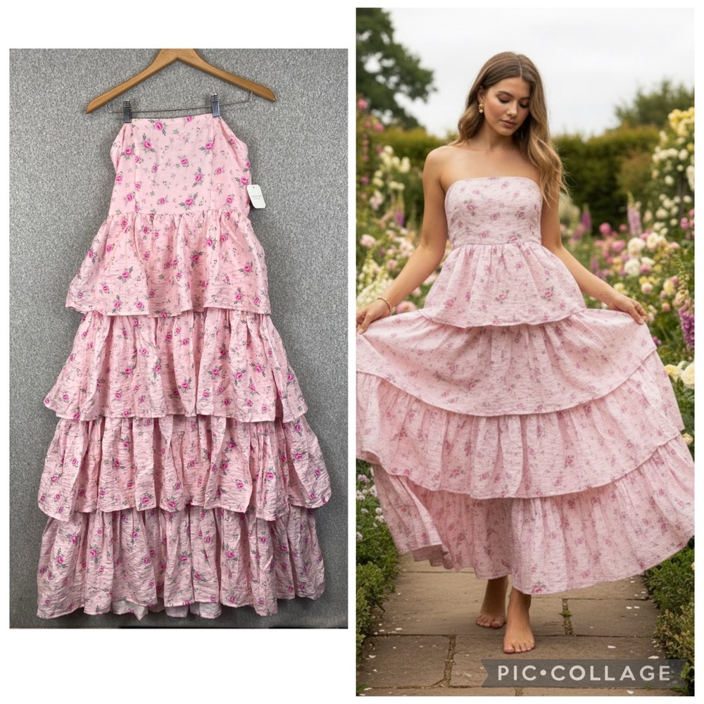 Altar’d State strapless tiered maxi dress Medium pink floral cottagecore roses